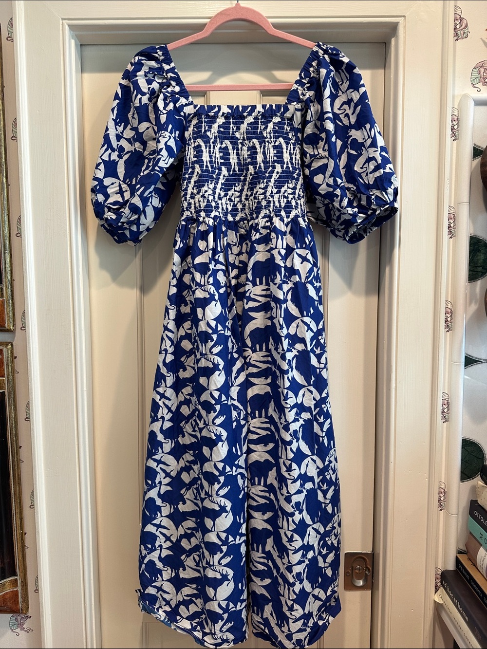 Jessie Zhao Blue and White Animal Puff-Sleeve Dress